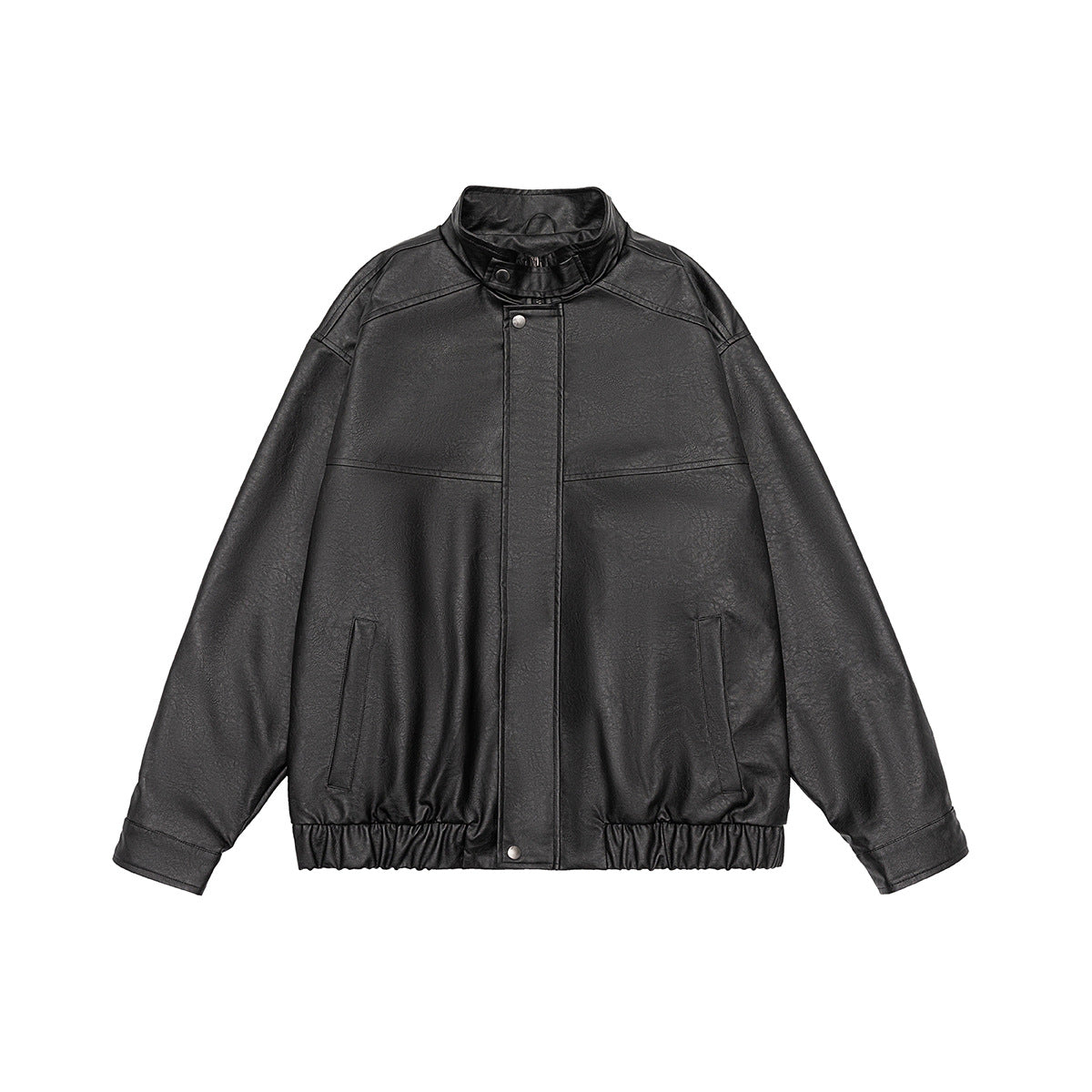 Black faux-leather-look stand-collar jacket, flat front view with snap placket, pockets and elastic hem