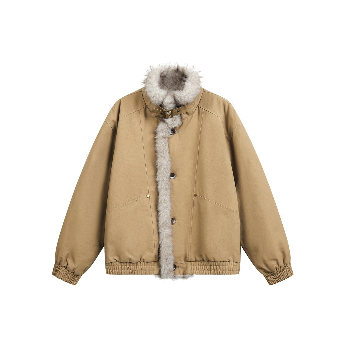 Khaki jacket with light gray fluffy fleece-like collar and front trim, buckle strap, buttons and elastic cuffs, flat view