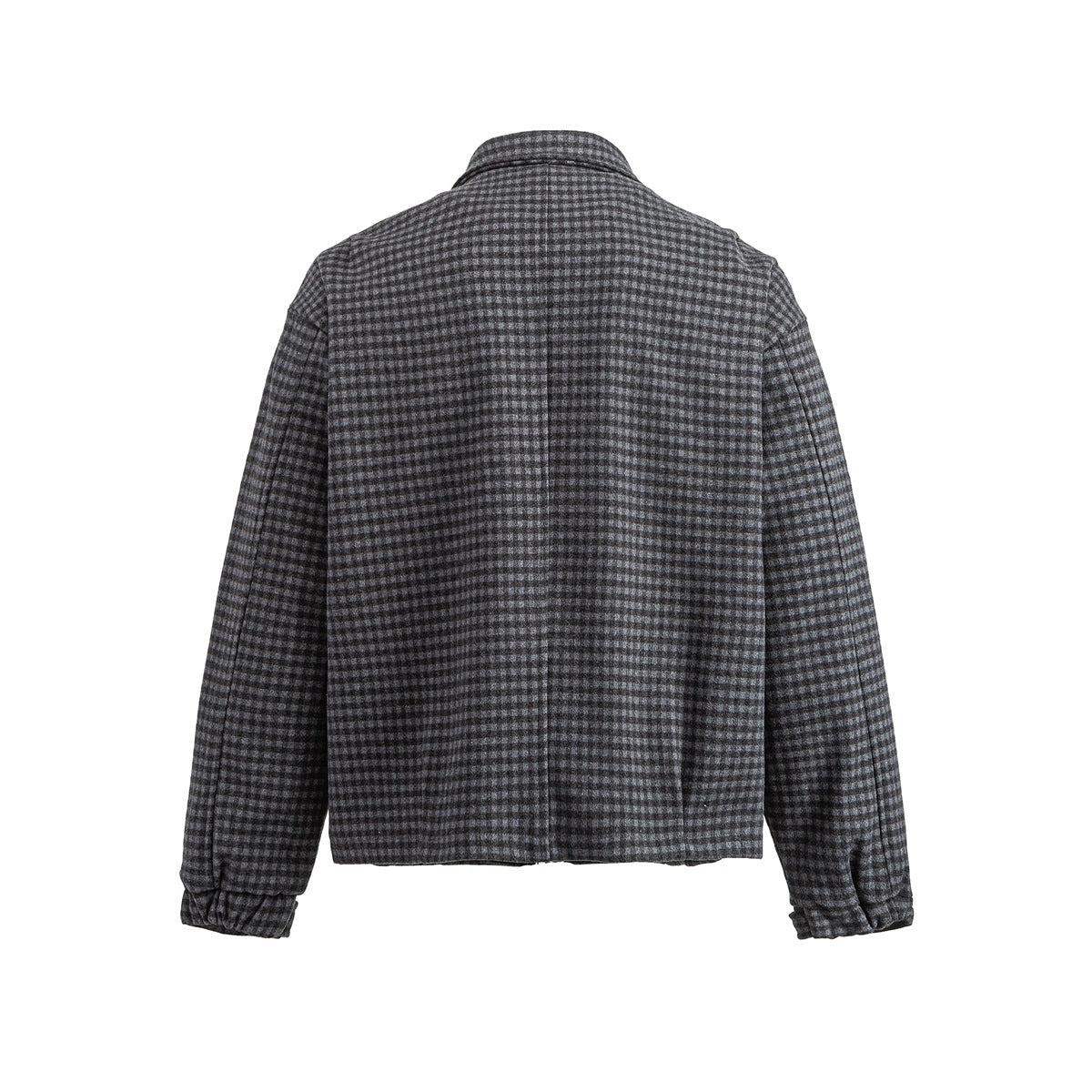 Back view of a charcoal gray check jacket with a pointed collar and gathered cuffs.