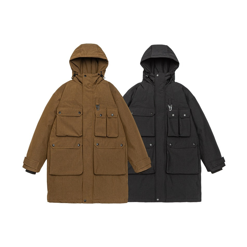 Two hooded long coats shown together in brown and black, each with multiple flap pockets.