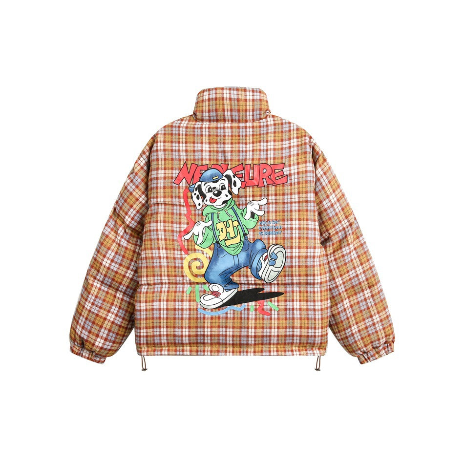 Back of an orange, cream, and tan plaid jacket with a large colorful cartoon graphic.