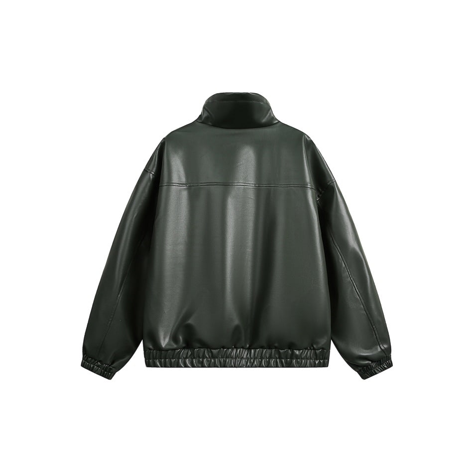 Back view of a dark forest-green jacket with a stand collar, long sleeves, and gathered elastic cuffs and hem.