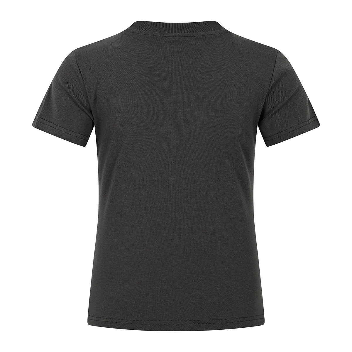 Back view of a plain charcoal short-sleeve crew-neck T-shirt with visible stitching at the sleeves and hem.