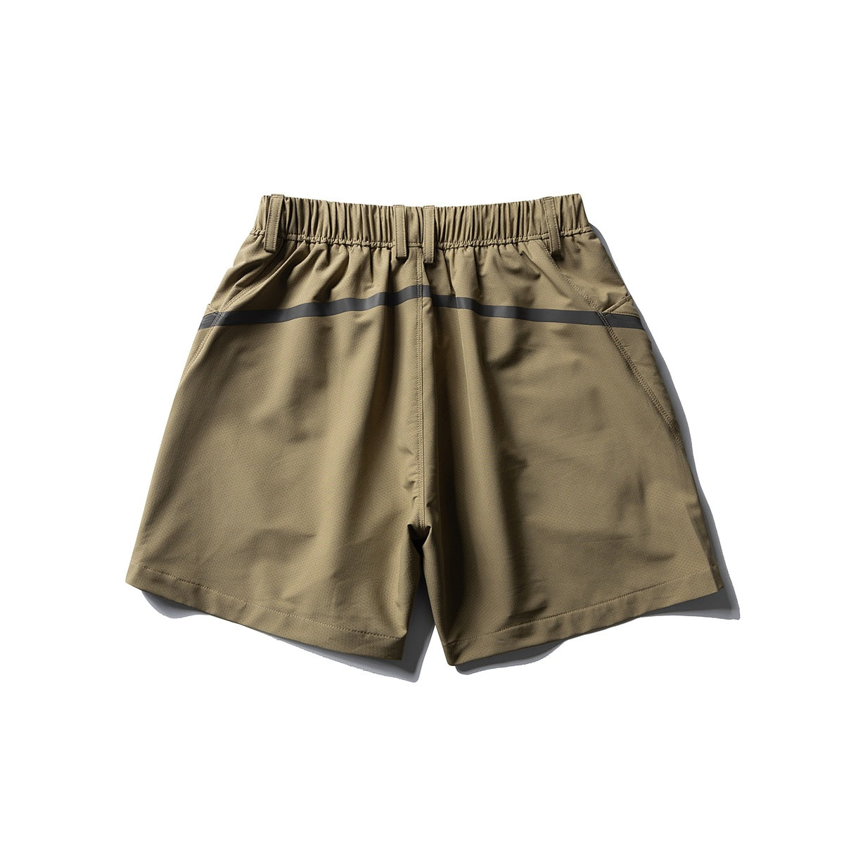 Front view of olive-khaki shorts with an elastic waistband, belt loops, angled pockets, and a dark horizontal stripe.