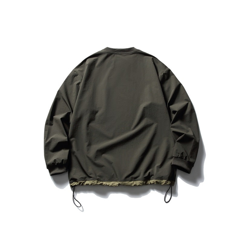 Back view of a dark olive long-sleeve pullover with a plain back, ribbed cuffs, and adjustable hem cords.