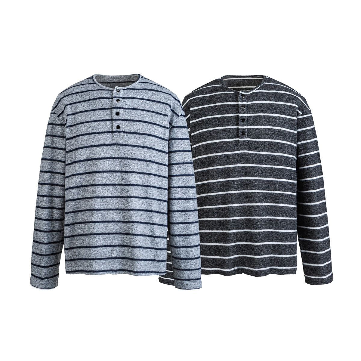 Two long-sleeve striped henley shirts shown from the front: light gray with dark stripes and charcoal with white stripes.