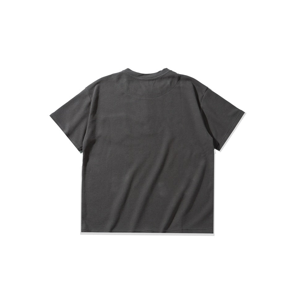 Back view of a charcoal gray short-sleeve shirt, laid flat against a white background.