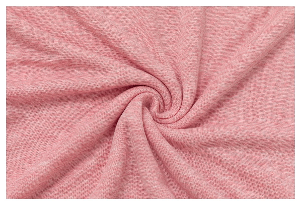 Close-up of pink heathered knit fabric gathered into a swirl.