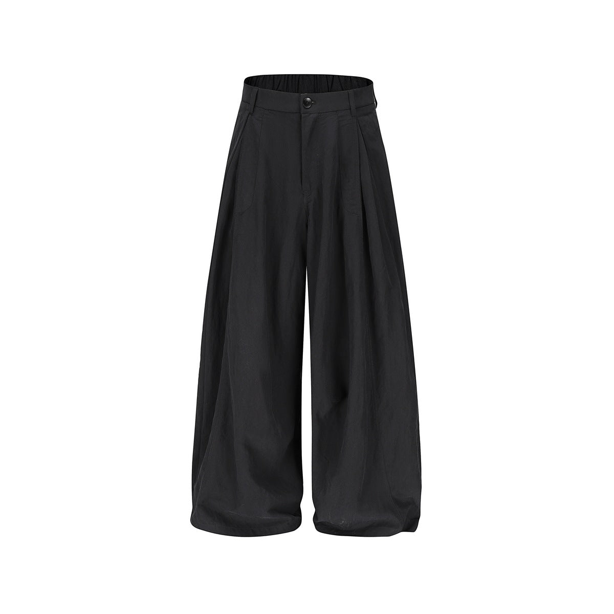 Black wide-leg pleated pants, front view, with button closure and elastic waistband