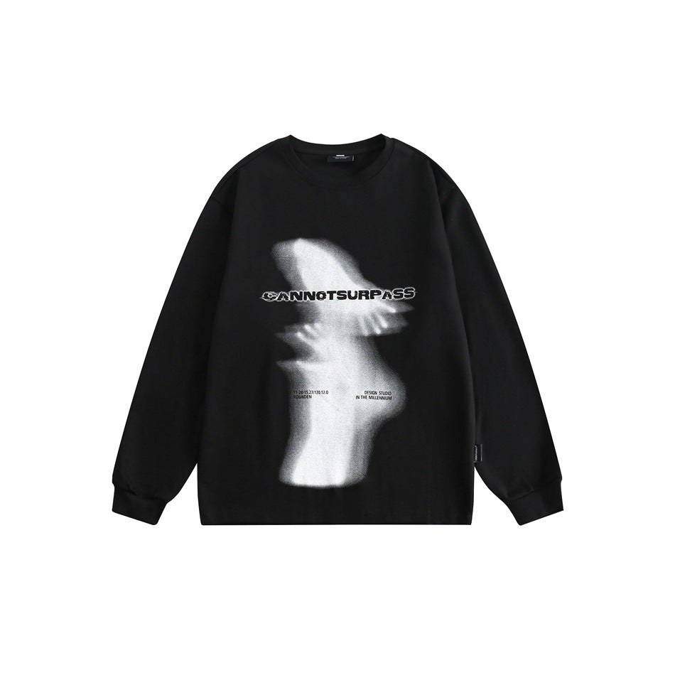 Black long-sleeve crew-neck sweatshirt with blurred white silhouette graphic and CANNOTSURPASS print, flat front view