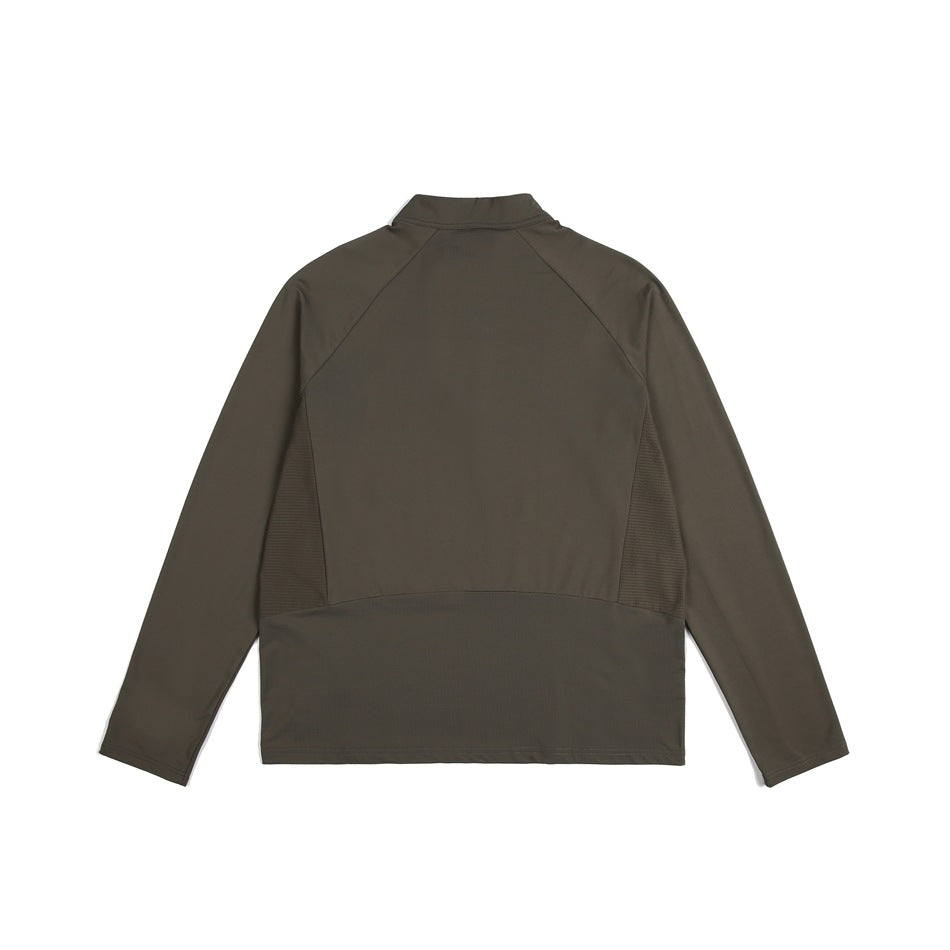 Back view of a dark olive long-sleeve pullover with a stand collar, raglan seams, and textured side panels.