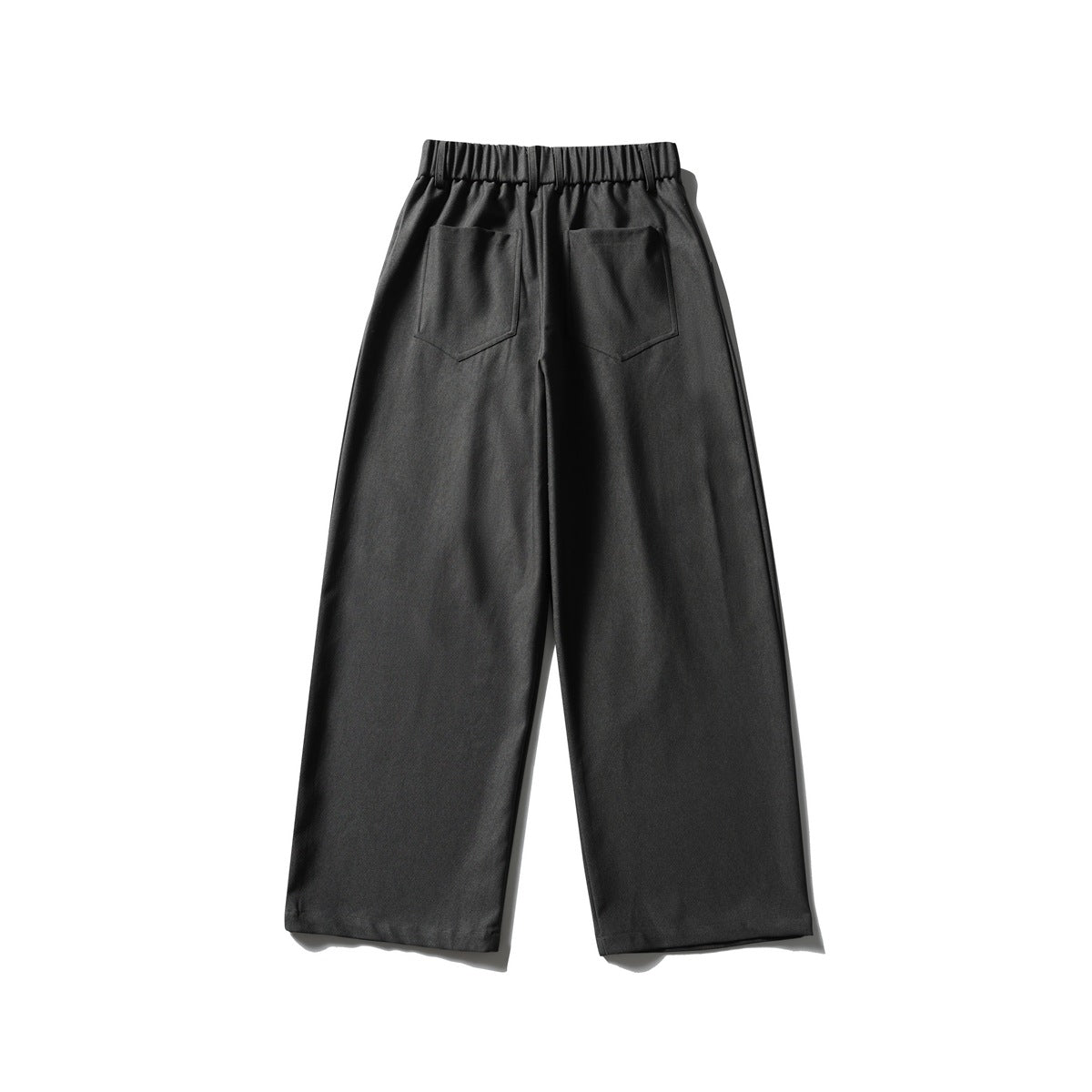 Dark gray wide-leg trousers back flat lay showing elastic waistband and two patch pockets