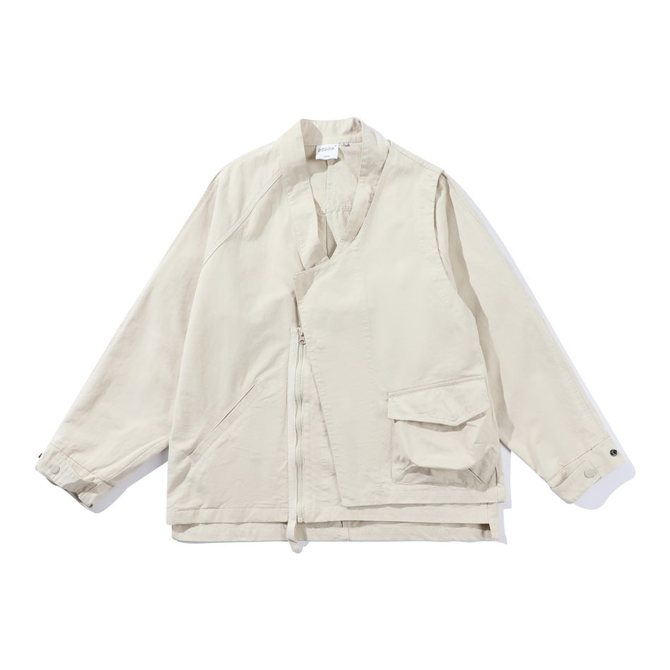 Off-white stand-collar jacket flat lay with asymmetric front zipper, flap pocket and snap cuffs