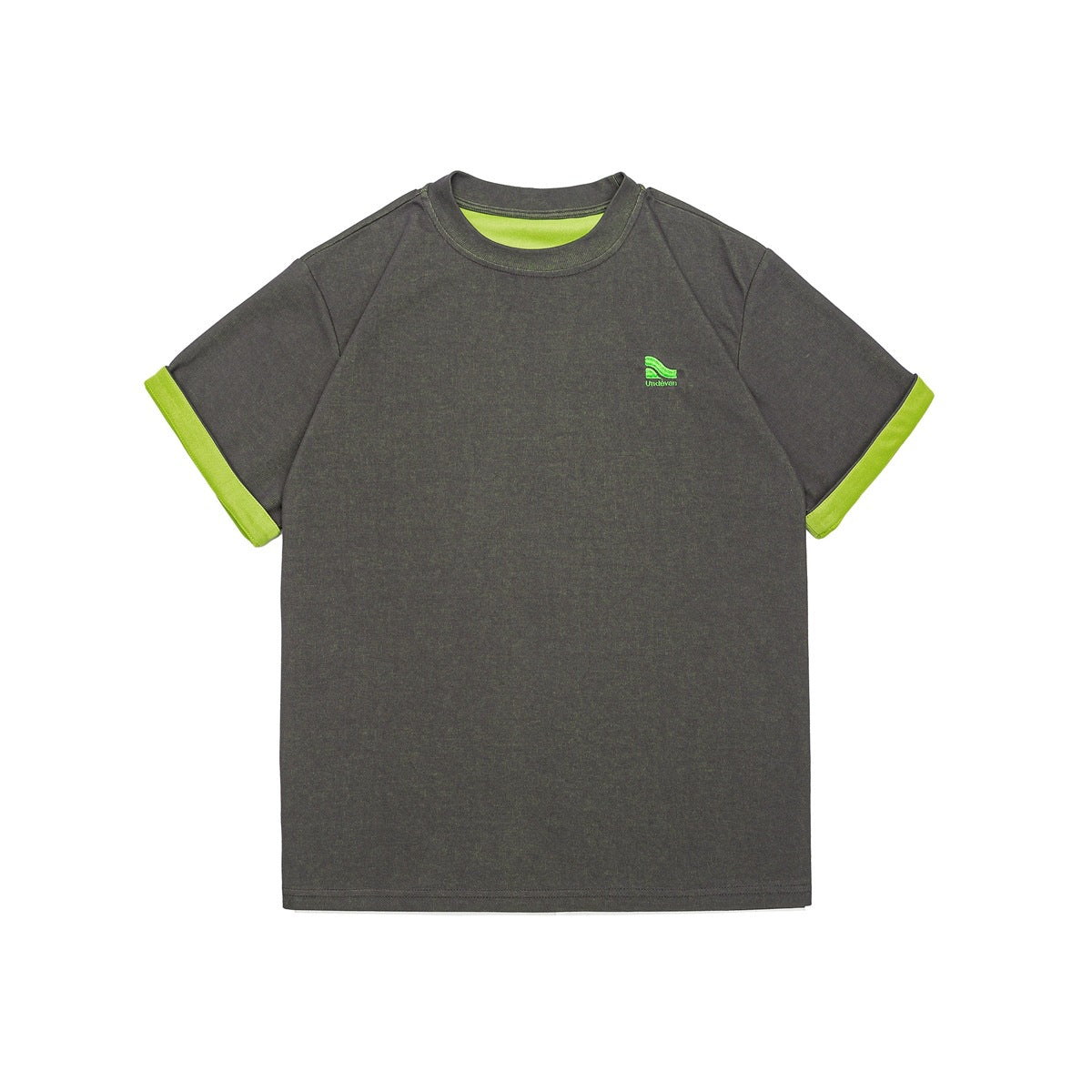 Dark gray short-sleeve crew-neck tee with neon green cuffs, inner neckline trim and a small green embroidered chest logo