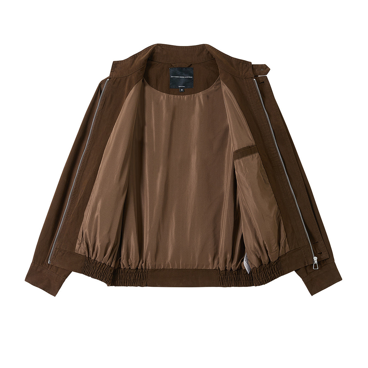 Dark brown jacket opened flat to show its brown lining, inner pocket, and front zipper.