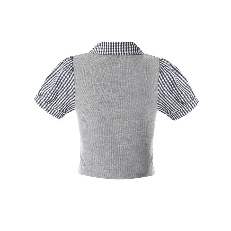 Back view of a gray cropped top with navy-and-white gingham collar and short puff sleeves, displayed flat.
