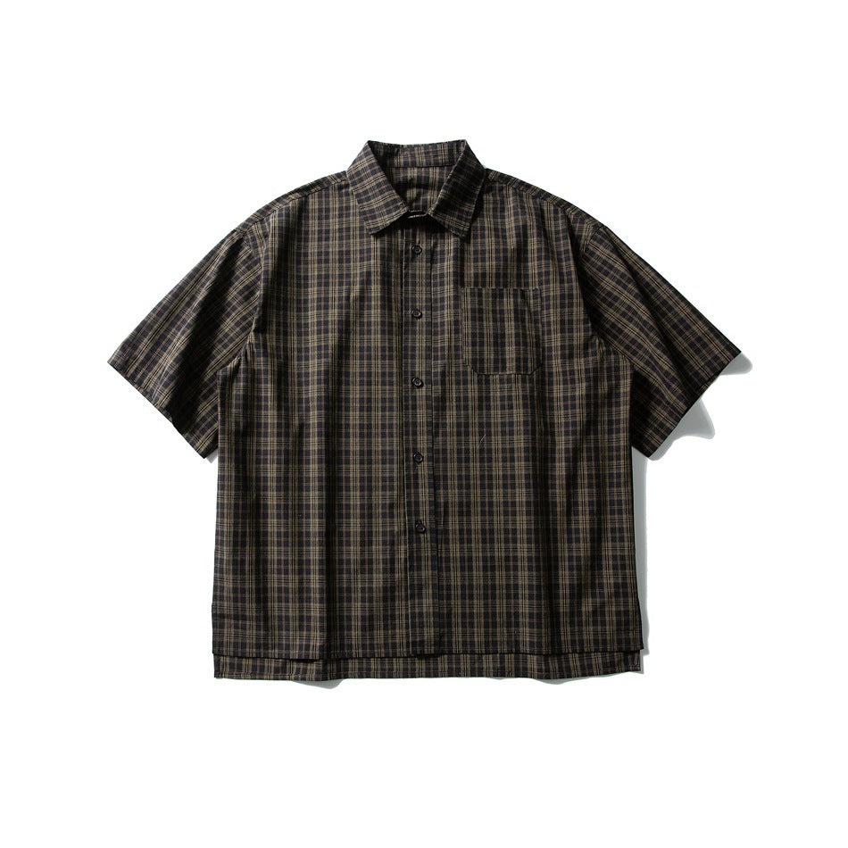 Dark brown plaid short-sleeve button-up shirt with chest pocket, flat lay front view