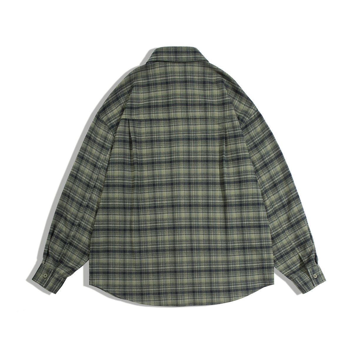 Full back view of an olive and charcoal plaid long-sleeve shirt laid flat, with a back yoke and button cuffs.