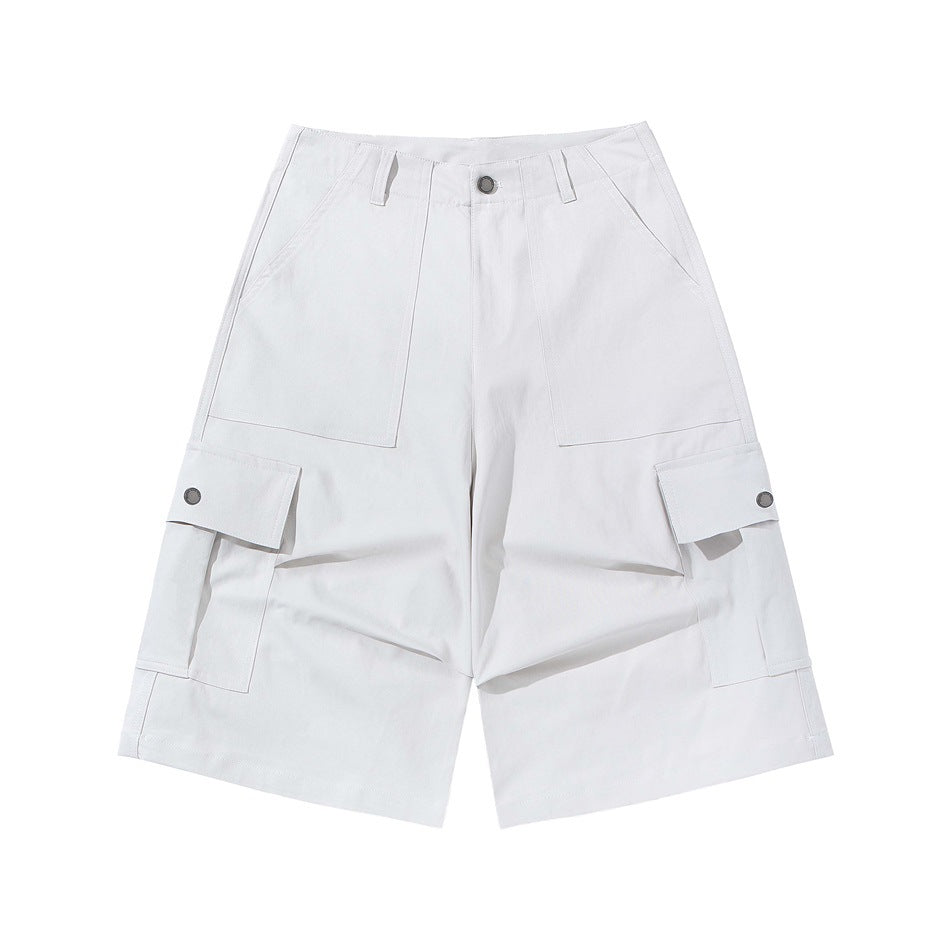 White knee-length cargo shorts, flat lay front view with large patch pockets and snap-flap side cargo pockets