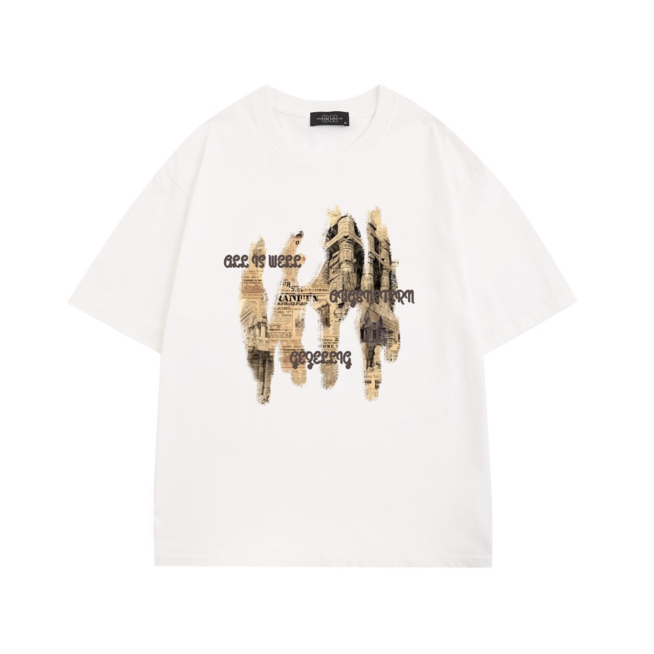 White short-sleeve crew-neck t-shirt with vintage newspaper and building graphic print on the front