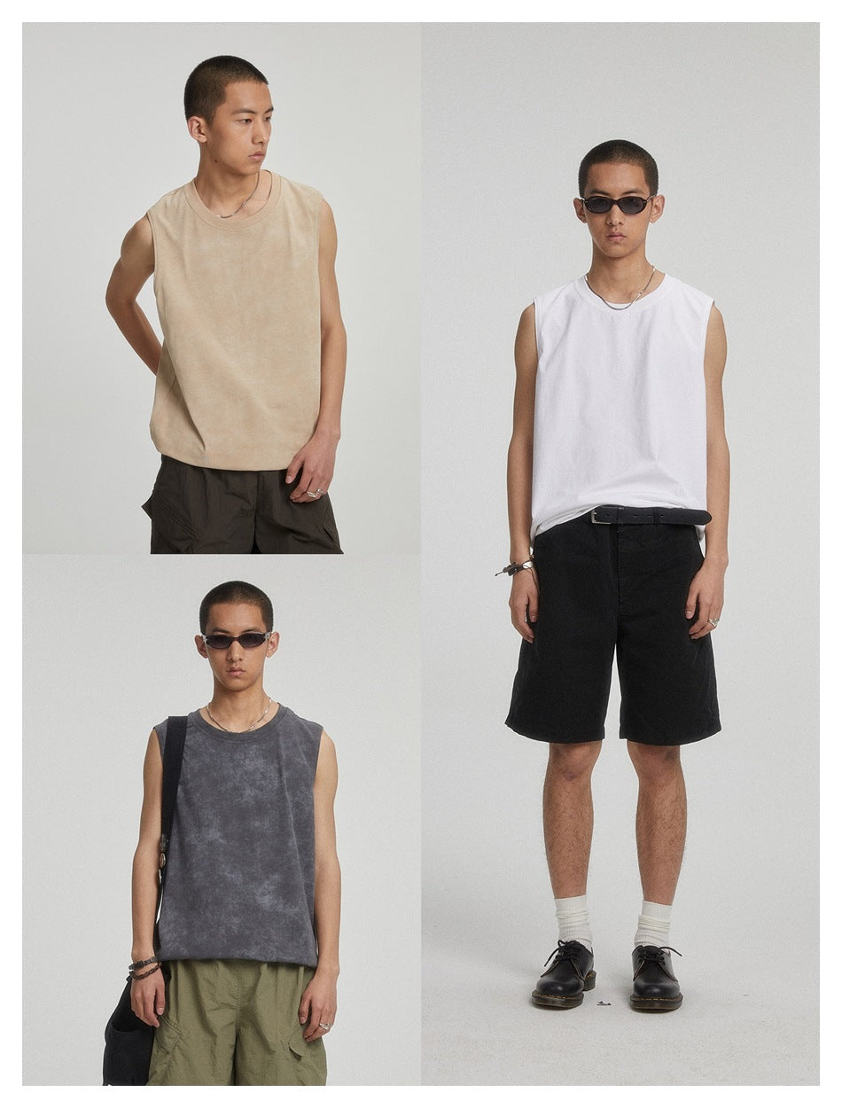 Collage of three models wearing sleeveless tops in beige, white and washed charcoal gray