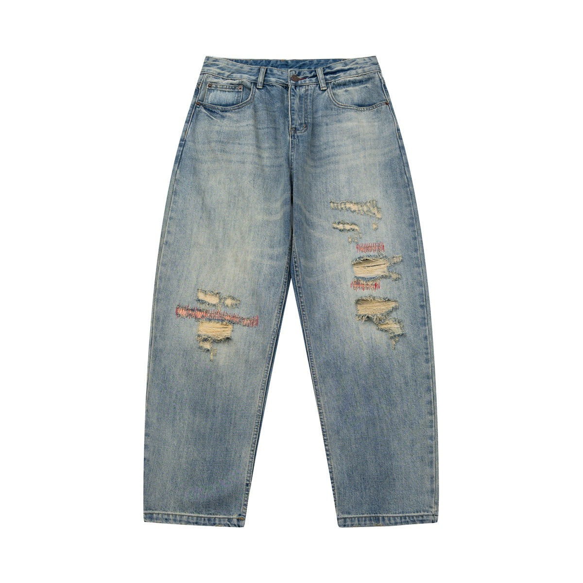 Washed blue distressed straight-leg jeans flat lay, front view, with red stitched repairs on both legs