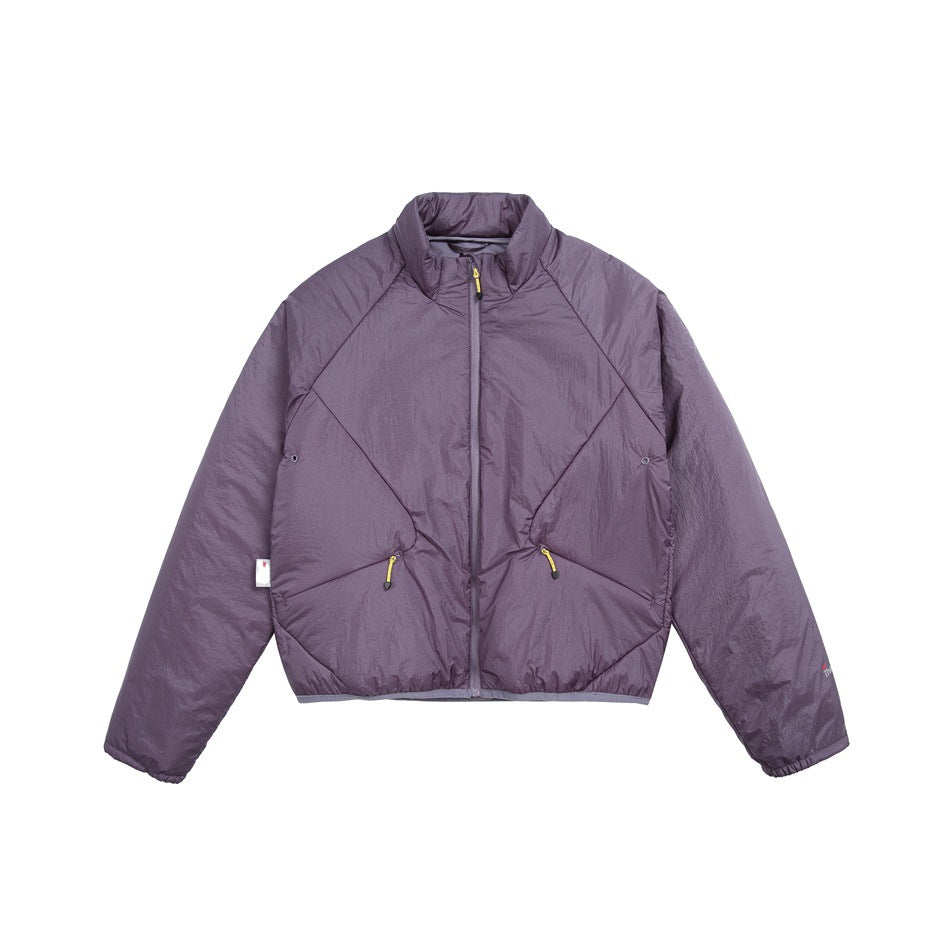 Front view of a muted purple jacket with a stand collar, full zipper, geometric seams, and two zip pockets with yellow pulls.