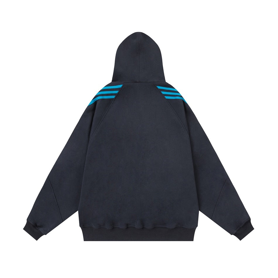 Back view of a charcoal hooded sweatshirt with three bright cyan stripes across each shoulder.