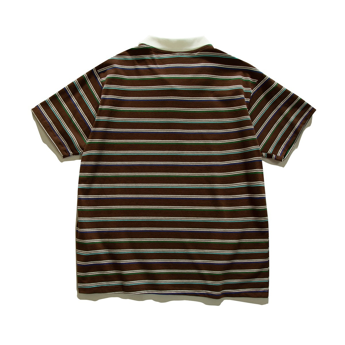Back view of a short-sleeve brown polo shirt with horizontal multicolor stripes and a cream collar.