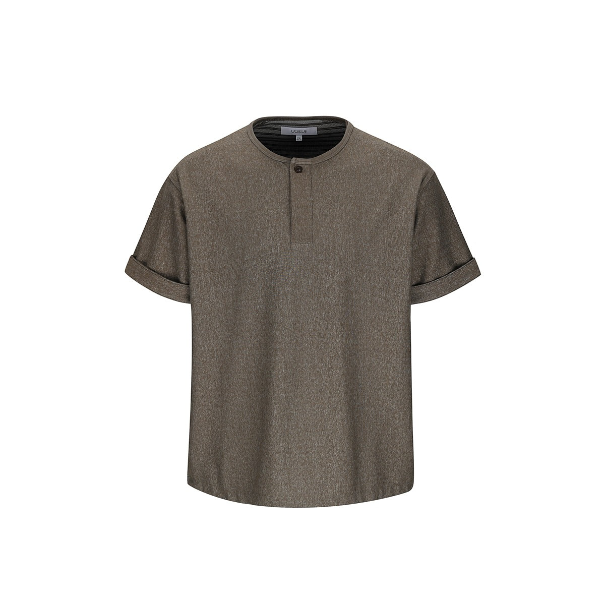 Front flat view of solid heathered brown short-sleeve Henley tee with one button and cuffed sleeves