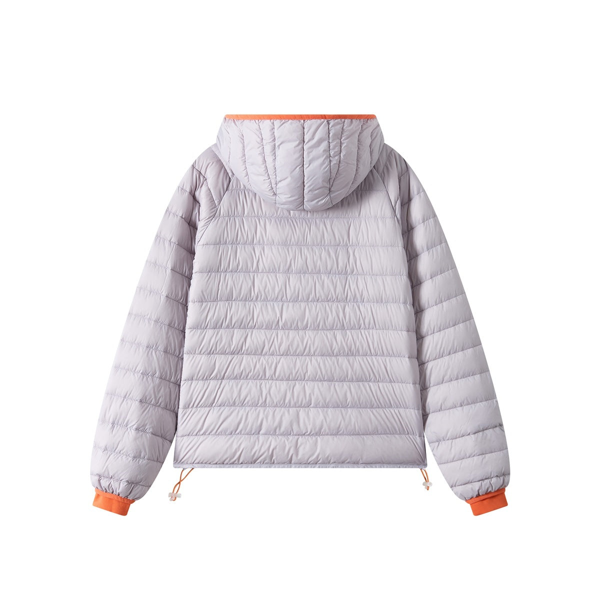 Back view of a pale lavender quilted hooded jacket with orange trim at the hood edge and cuffs.