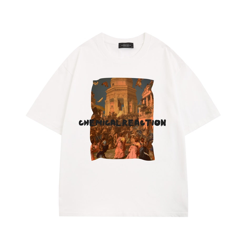 White short-sleeve crew-neck T-shirt with a classical crowd-scene graphic and black CHEMICAL REACTION text
