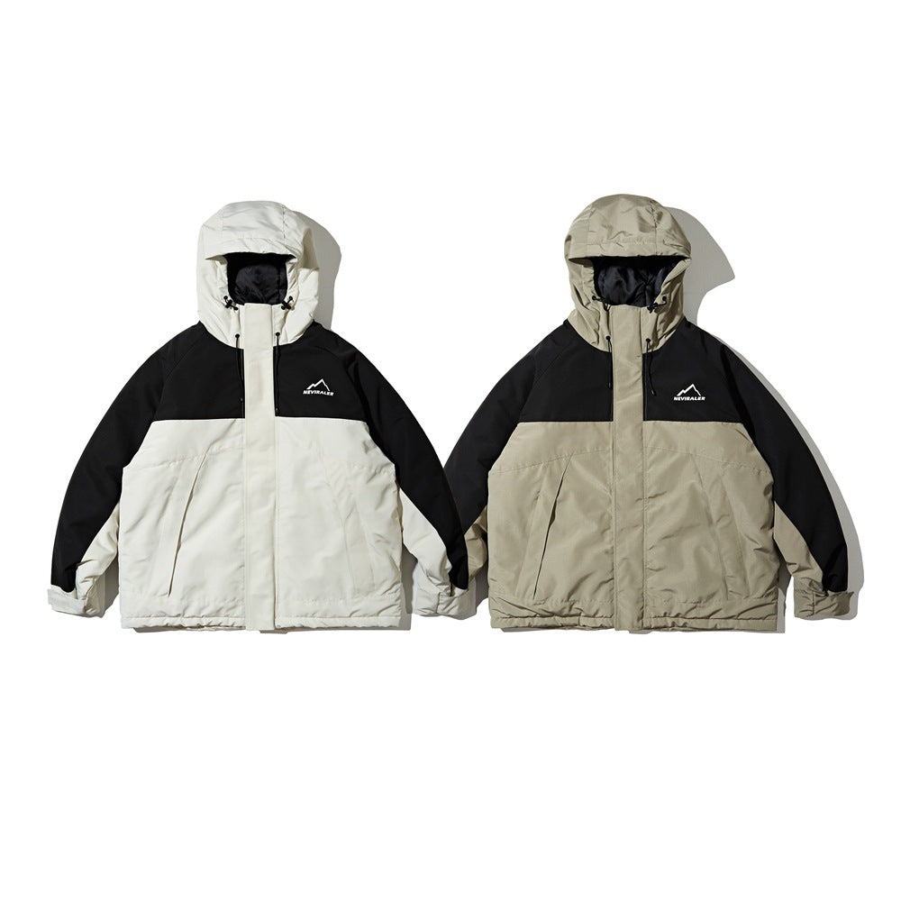 Two hooded color-block jackets shown side by side: one white and black, the other khaki and black.