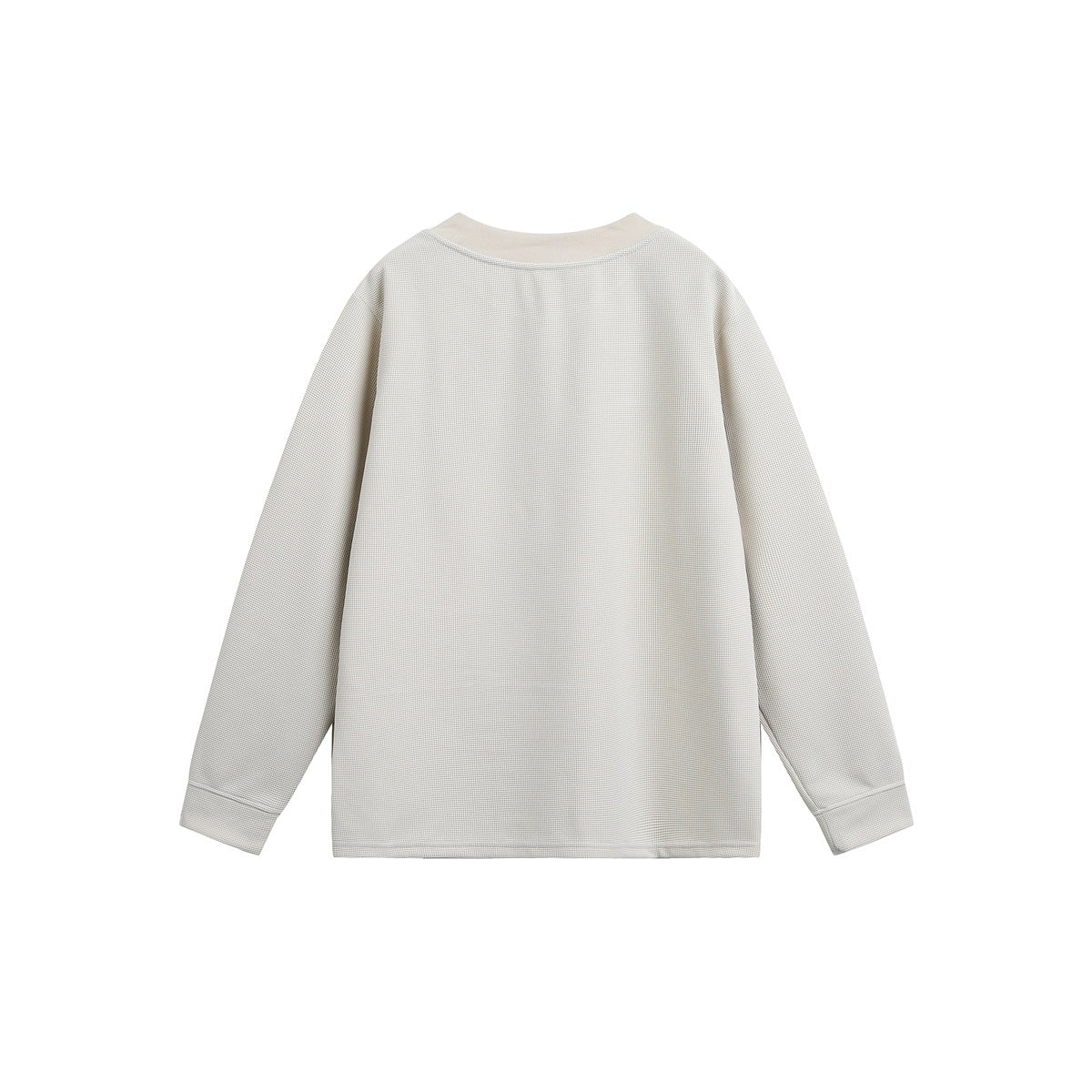 Back view of an ivory long-sleeve crew-neck shirt with plain waffle-knit fabric.