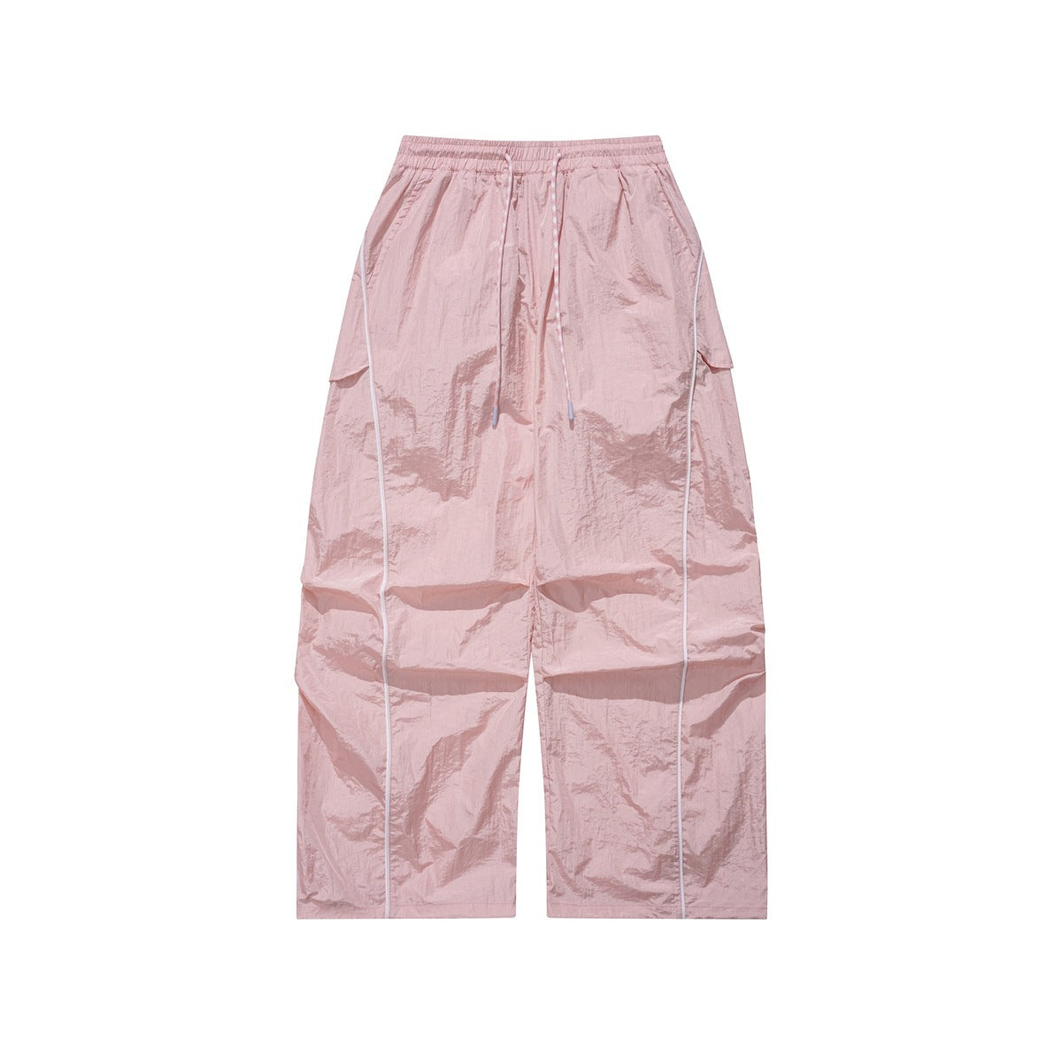 Pink wide-leg parachute pants with elastic drawcord waist, white side piping and a flap cargo pocket, flat front view