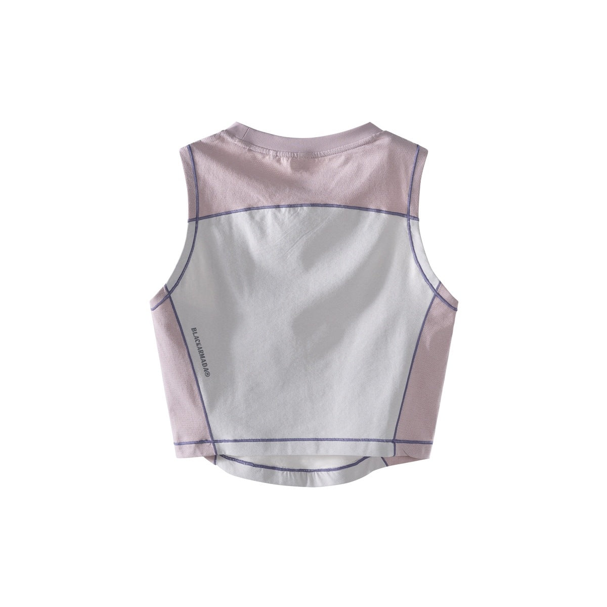 Back view of a sleeveless color-block top in pale pink and light gray with dark contrast seams and small side lettering.