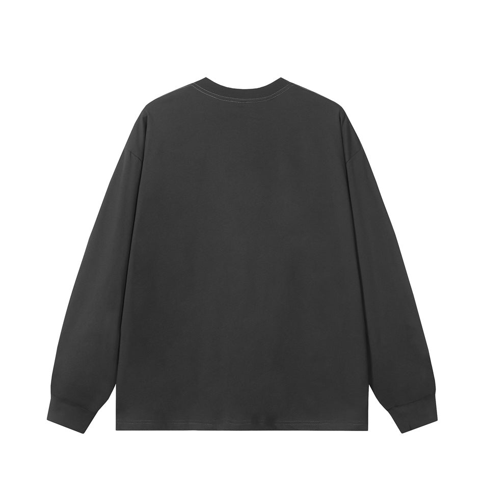 Dark gray long-sleeve crew-neck top, plain back view with ribbed cuffs and contrast stitching