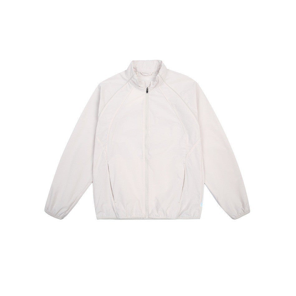 Off-white zip-up stand-collar jacket with raglan sleeves and elastic cuffs, flat lay front view
