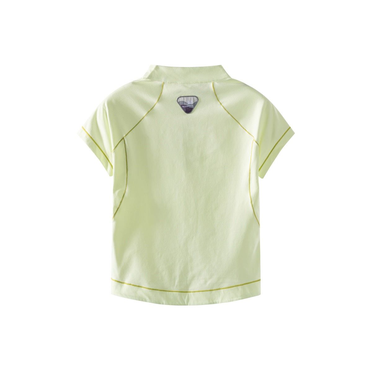 Back view of a pale yellow-green short-sleeve top with a stand collar, contrast piping, and a small upper-back patch.