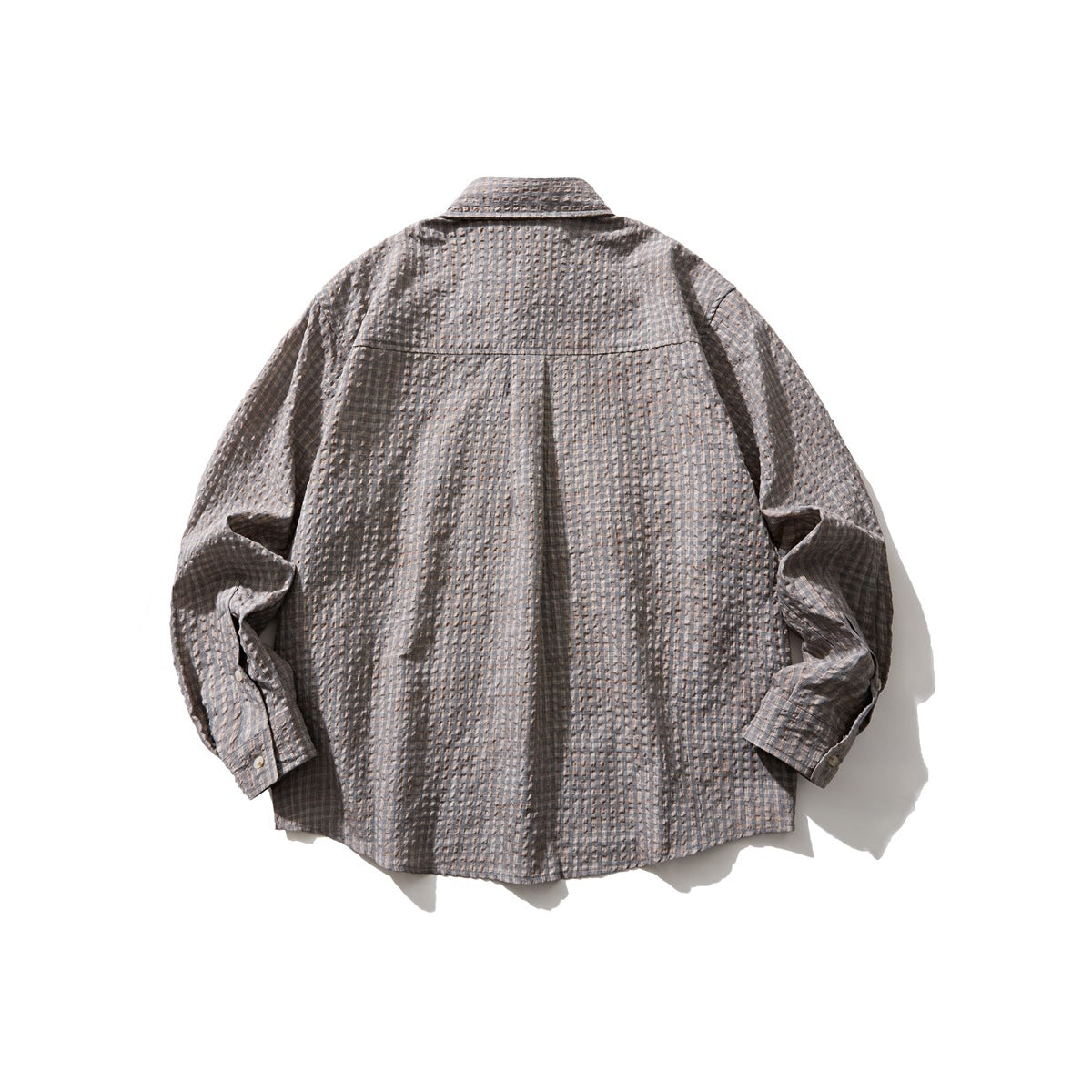 Back view of a gray plaid long-sleeve button-up shirt laid flat.