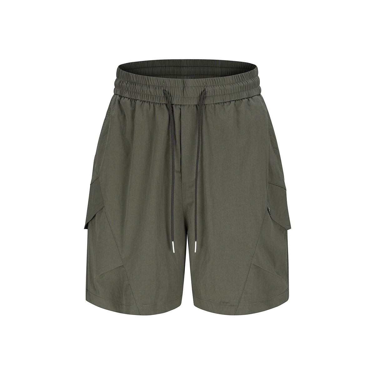 Army green cargo shorts with drawstring waist and large side flap pockets, flat front view on white background