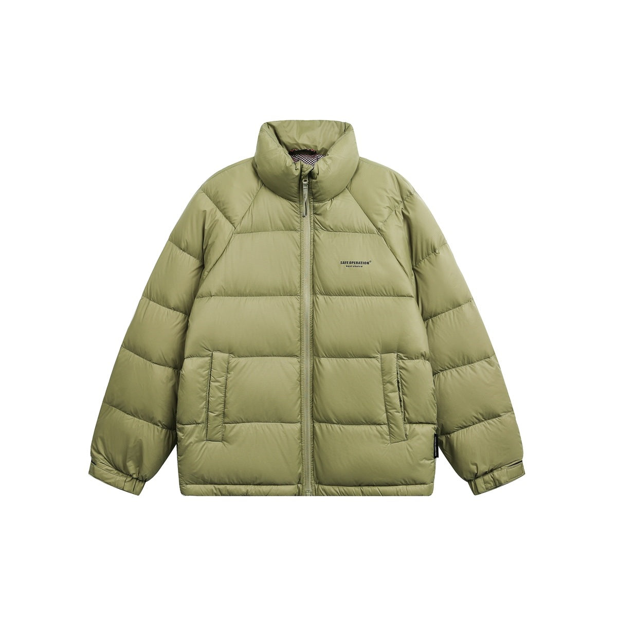 Olive green quilted puffer jacket with stand collar, front zip and two front pockets on a white background