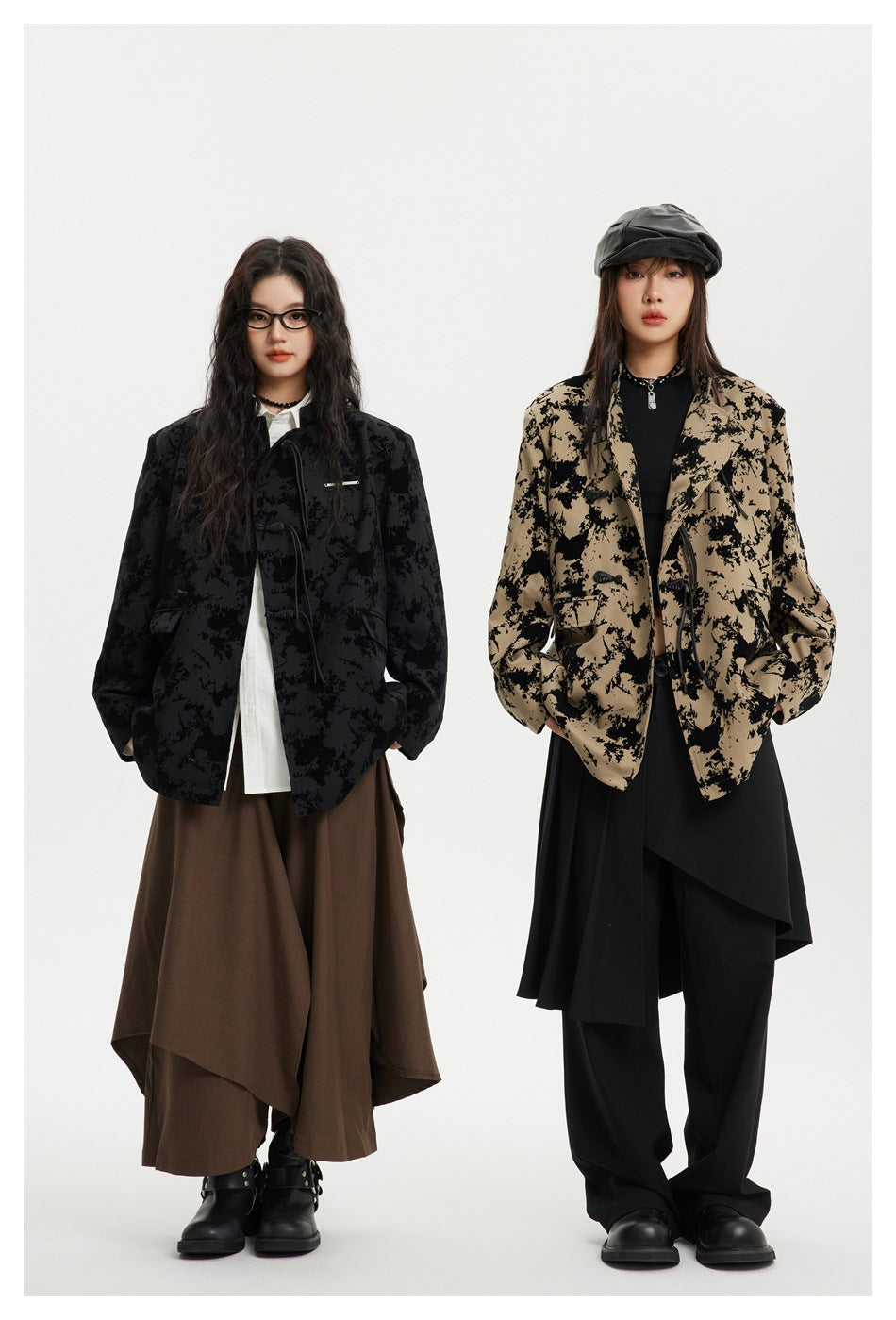 Two models display the jacket in black and taupe abstract-print colorways from the front.