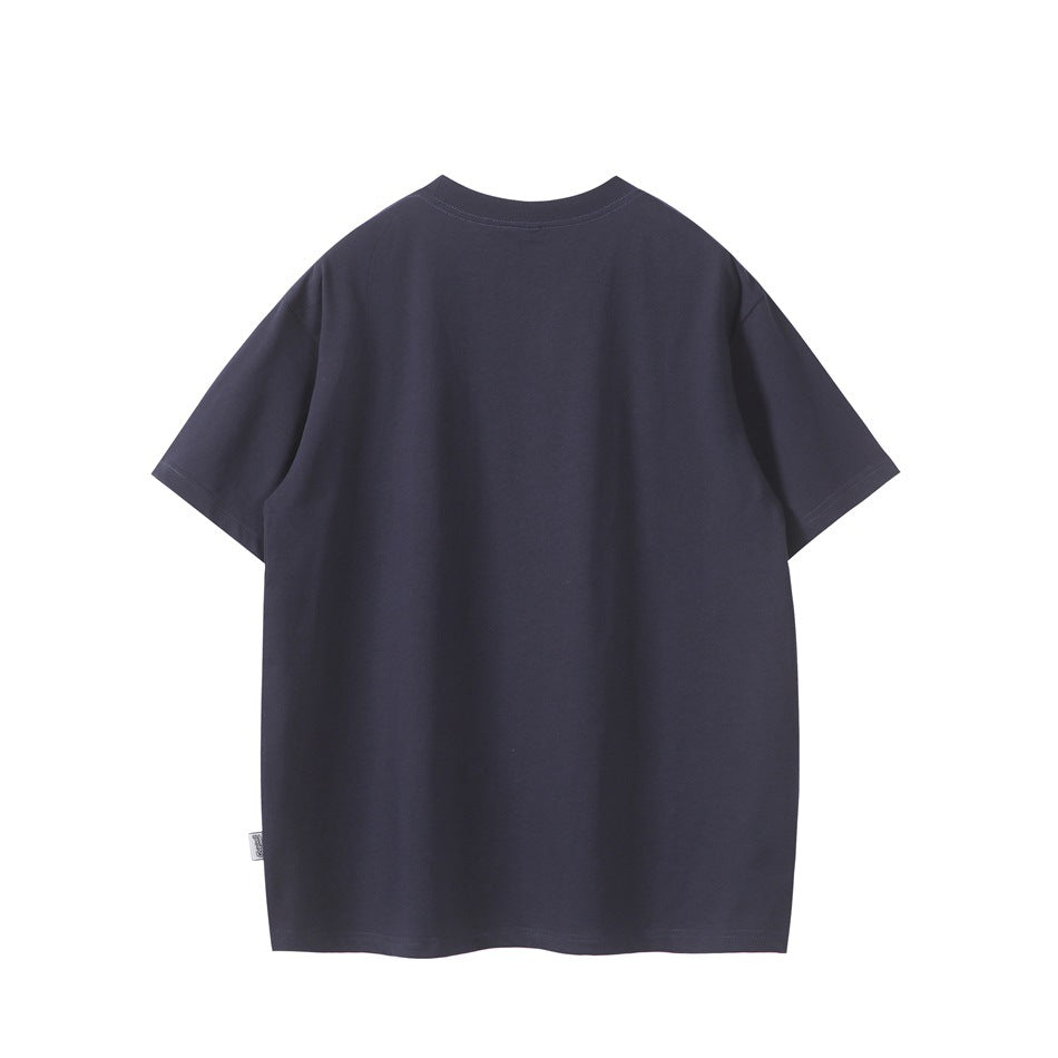 Back view of a plain dark navy short-sleeve crew-neck T-shirt.