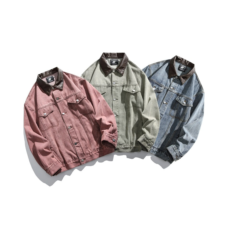 Three jackets shown together in dusty rose, muted gray-green, and blue denim, each with a dark brown collar.