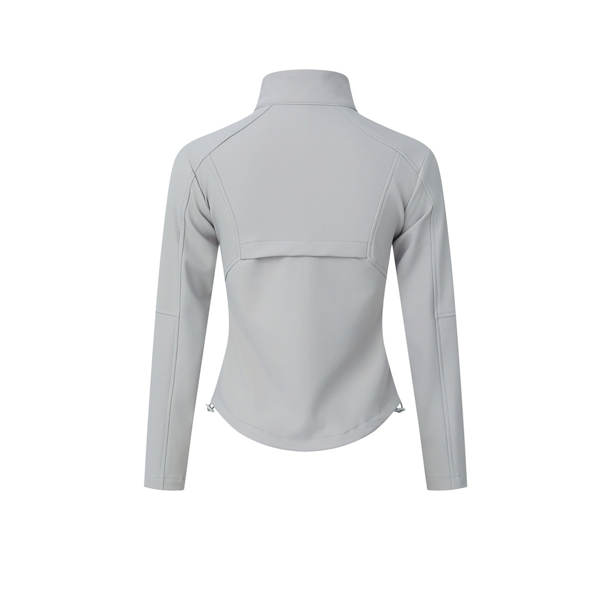 Back view of light gray stand-collar jacket showing yoke panel, stitched flap and curved hem toggles