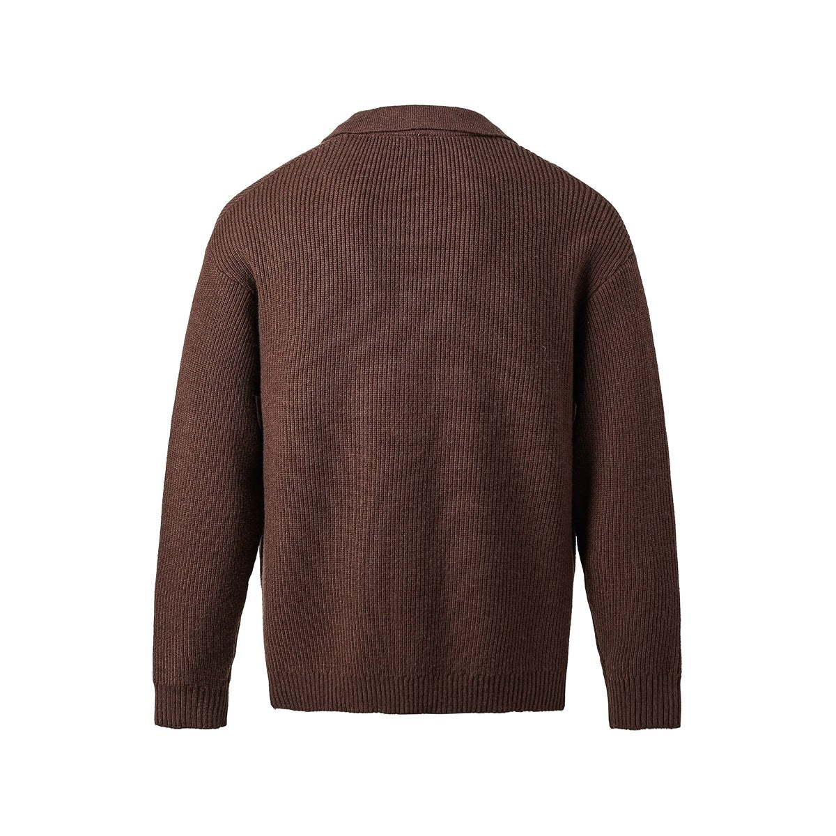 Back view of a dark brown ribbed knit cardigan with a collar, long sleeves, and ribbed cuffs and hem.