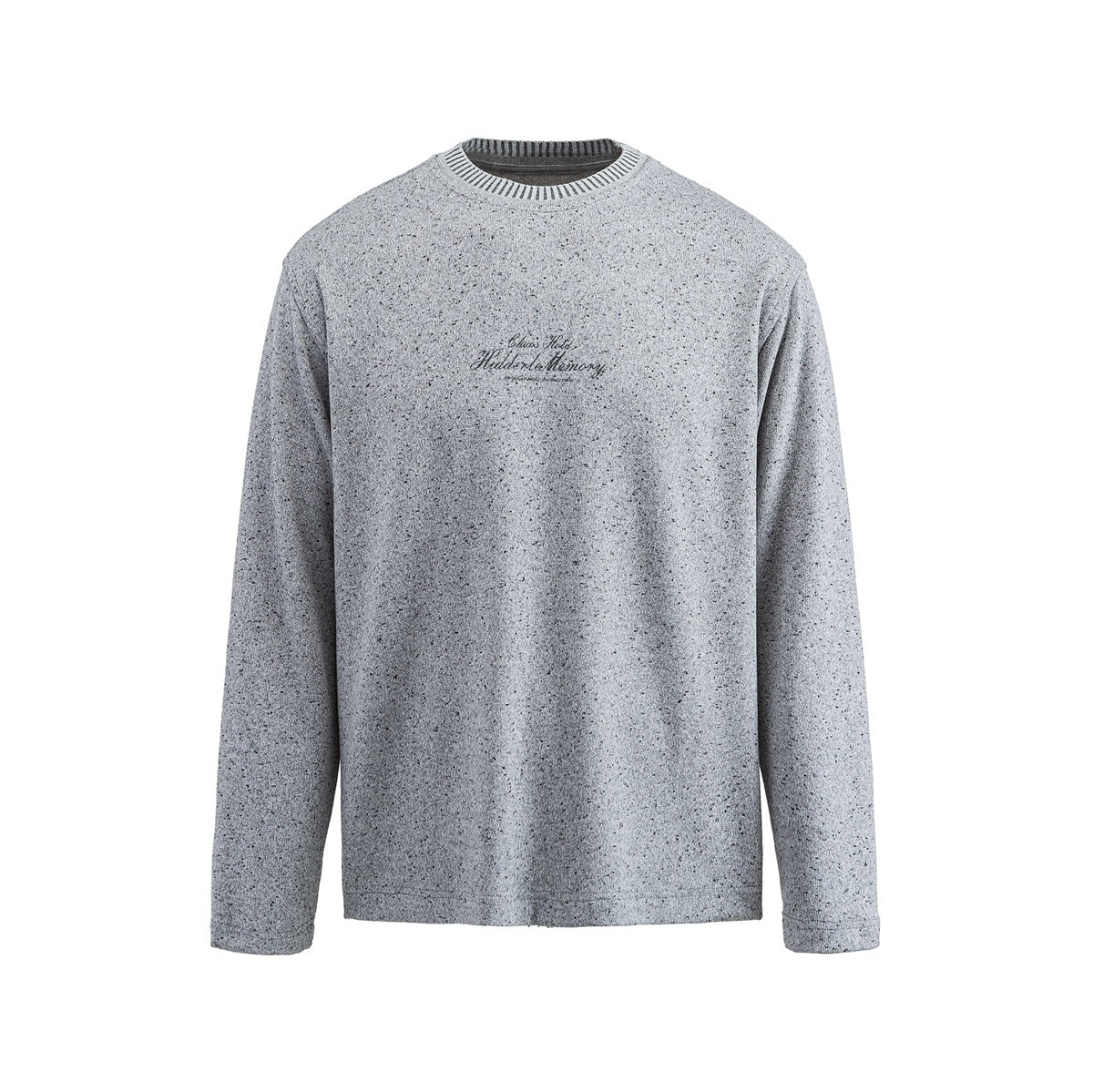 Light gray speckled long-sleeve crew neck knit top with striped ribbed collar and script chest lettering, front view