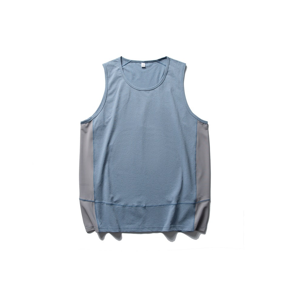 Dusty blue sleeveless tank top flat lay with gray side panels and a lower hem band
