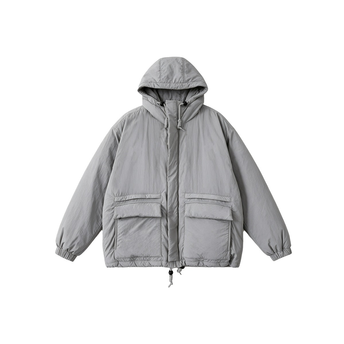 Light gray hooded padded jacket with two large flap pockets, drawstring hood and elastic cuffs, flat front view